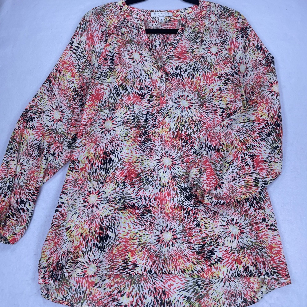 Chaus New York Womens Smocked Neck Button Front Blouse Multi Color Print Medium